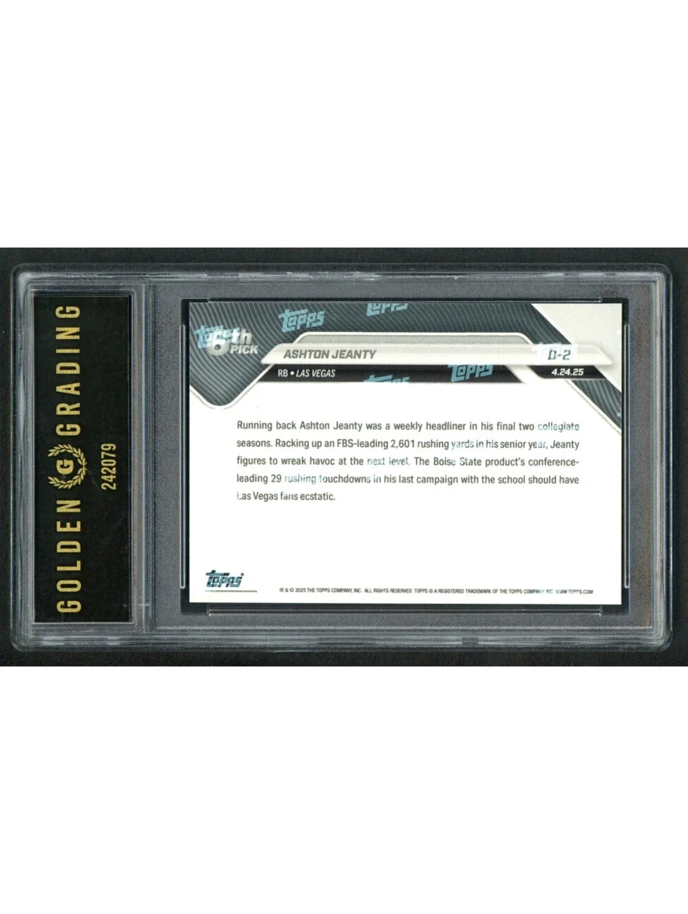 2025 Topps Now NFL Draft #D-2 Ashton Jeanty Raiders Rookie Card (RC) Gem Mint 10